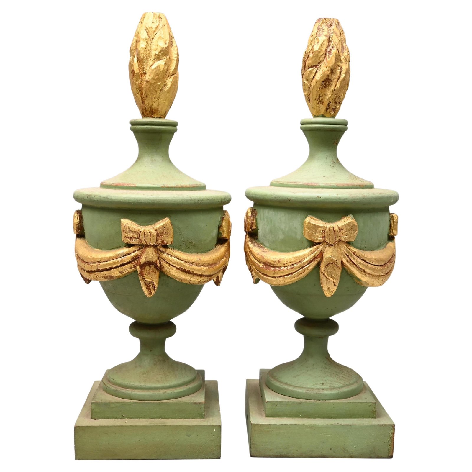 Decorative Pair of Wooden Light Green and Gold Painted